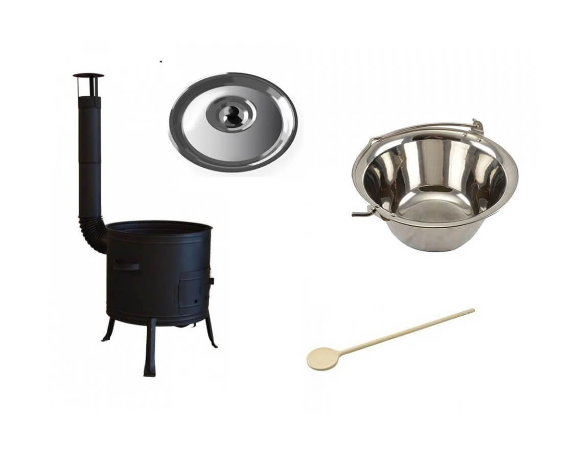 Set ceaun inox 20lit. tip gros cu soba 39cm, lingura de lemn 50cm cu capac