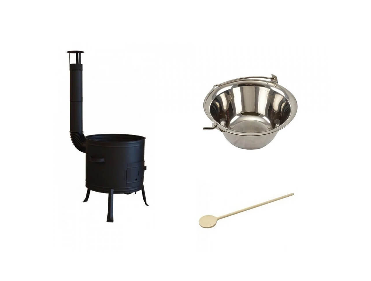 Set ceaun inox 20lit. tip gros cu soba 39cm si lingura de lemn 50cm