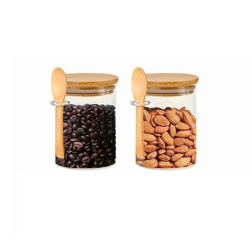 Set premium recipiente de depozitare din sticlă borosilicată cu capac din bambus și linguriță – 2×550 ml
