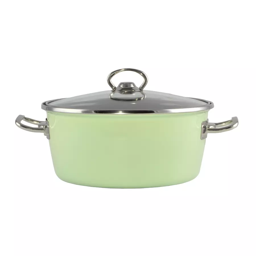 Oală emailată verde de elită cu capac de sticlă de 20 cm