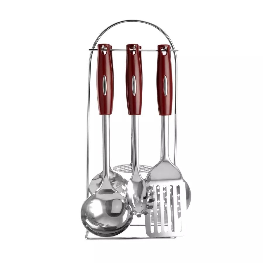 Set de servire din oțel inoxidabil, format din 6 piese, cu suport inclus