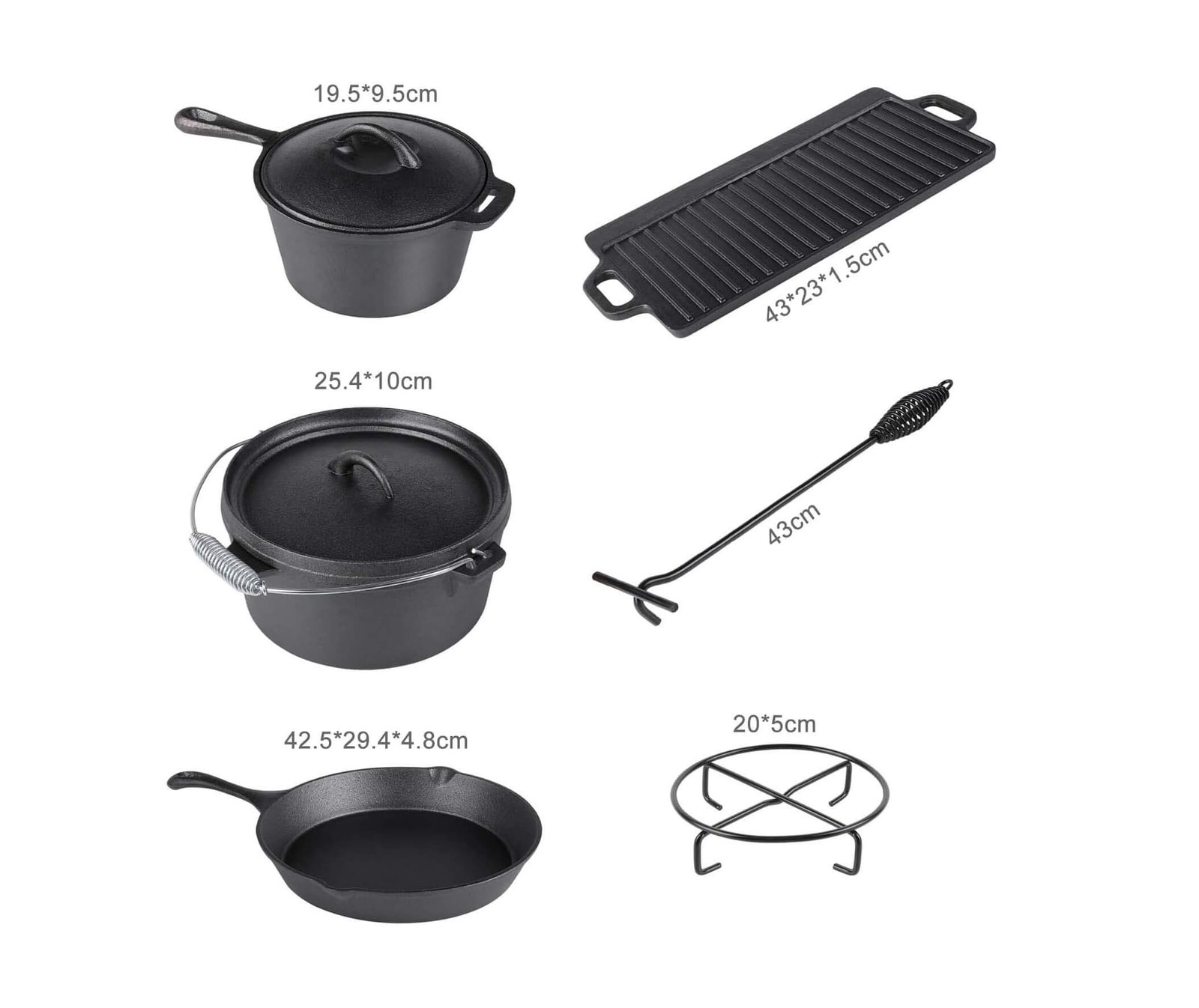 set gratar bbq de camping din fonta in cutie de lemn 6+1piese