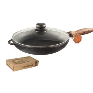 Tigaie fonta adanca cu capac sticla, maner lemn detasabil 28cm