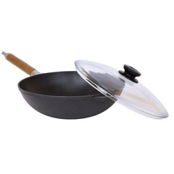Wok din fonta cu maner lemn detasabil și capac sticla 26cm