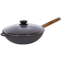Wok din fonta cu maner lemn detasabil și capac sticla 26cm