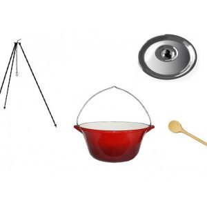 set ceaun fonta emailata 10,8lit. cu suport 1,2m, lingura de lemn 40cm și capac
