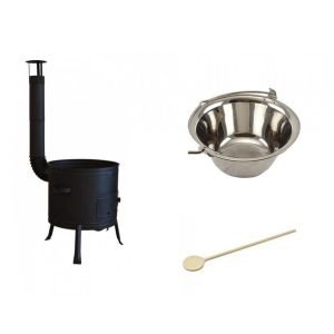 set ceaun inox 10lit. tip gros cu soba 36cm și lingura de lemn 40cm
