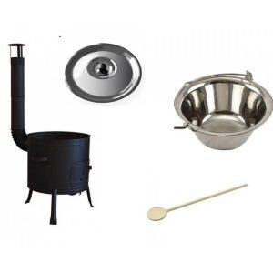 set ceaun inox 10lit. tip gros cu soba 36cm, lingura de lemn 40cm și capac