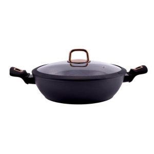 Cratita joasa cu pereți groși din aluminiu antiaderent cu inducție și capac de sticlă 28cm 4,2l golden line