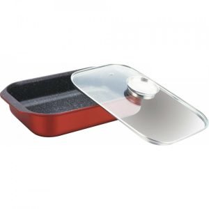 Tava adâncă cu acoperire de marmură și capac din sticlă, 34cm, culoare burgundy