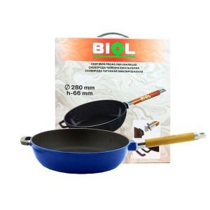 Tigaie fonta emailata cu maner lemn detasabil adanca 26cm albastru