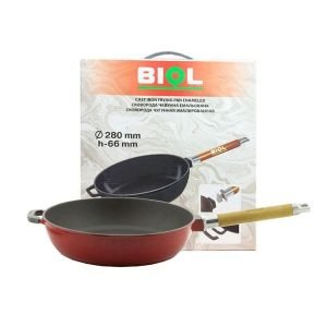 Tigaie fonta emailata cu maner lemn detasabil adanca 28cm rosu