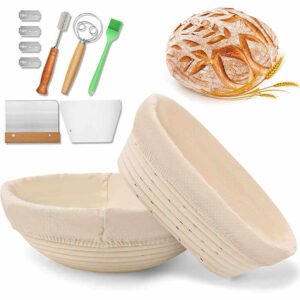 Set de 2 coșuri rotang pentru dospit pâine – coș rotund de 22,9 cm și coș oval de 25,4 cm cu căptușeală din in, racletă pentru aluat, lamă de tăiat și pensulă de silicon pentru copt