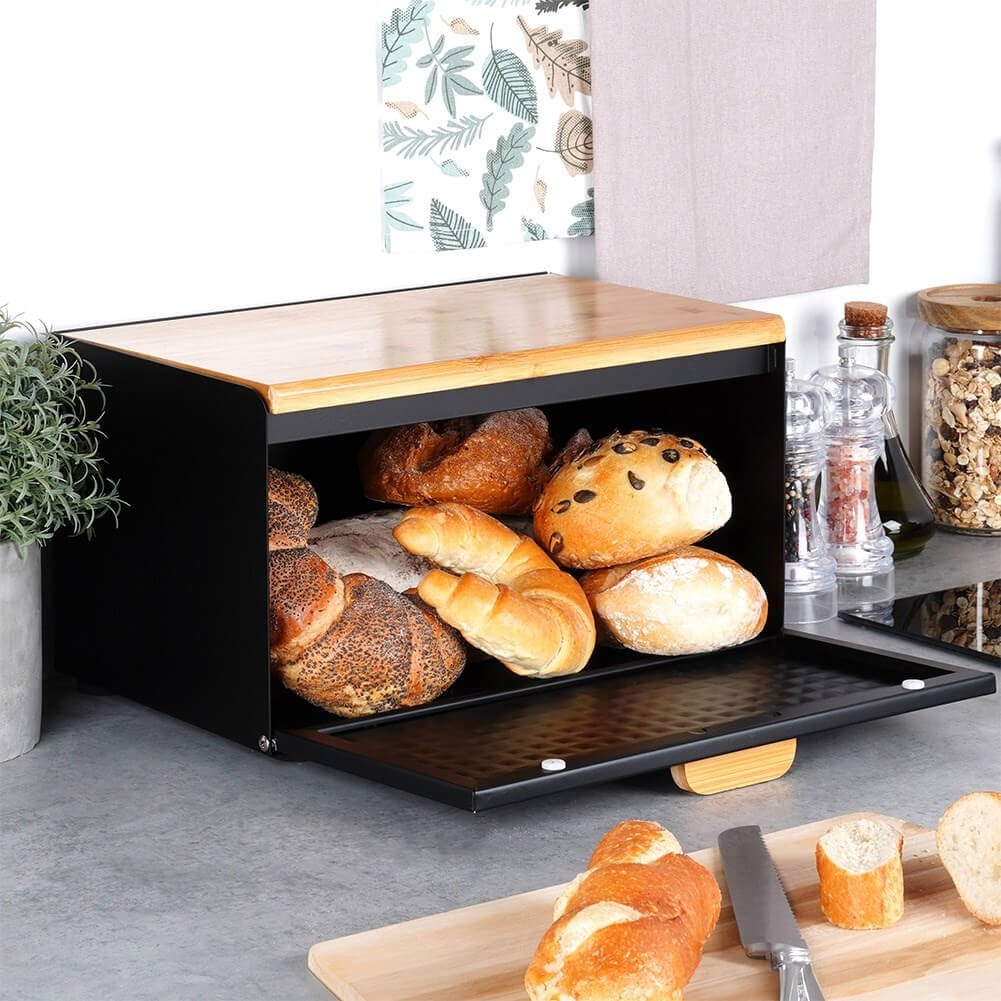 Cutie pentru Pâine Metal-Lemn Negru cu Dublu Capac 35,5x22x20,5 cm