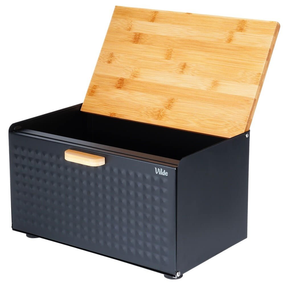 Cutie pentru Pâine Metal-Lemn Negru cu Dublu Capac 35,5x22x20,5 cm
