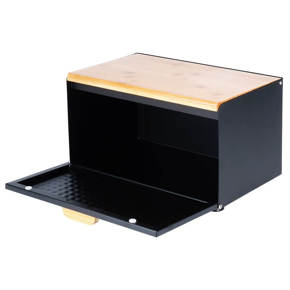 Cutie pentru Pâine Metal-Lemn Negru cu Dublu Capac 35,5x22x20,5 cm
