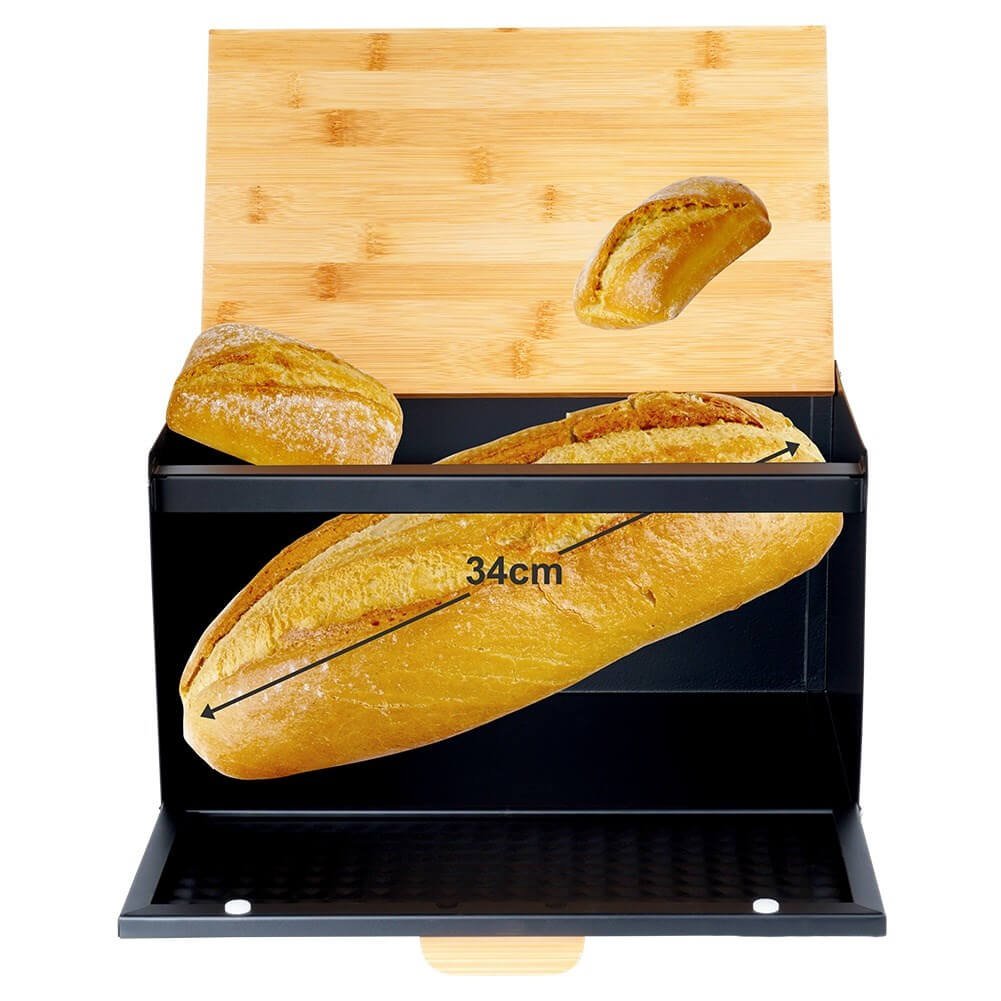 Cutie pentru Pâine Metal-Lemn Negru cu Dublu Capac 35,5x22x20,5 cm
