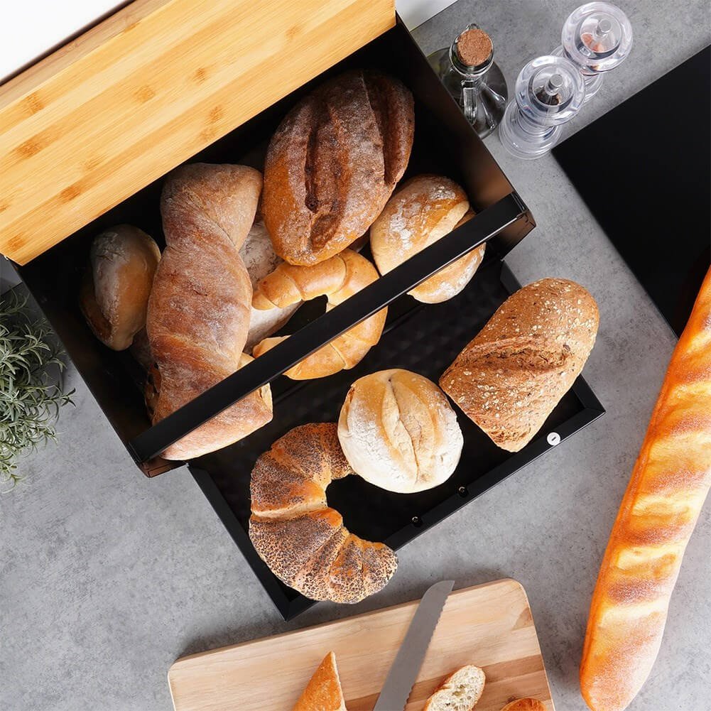 Cutie pentru Pâine Metal-Lemn Negru cu Dublu Capac 35,5x22x20,5 cm