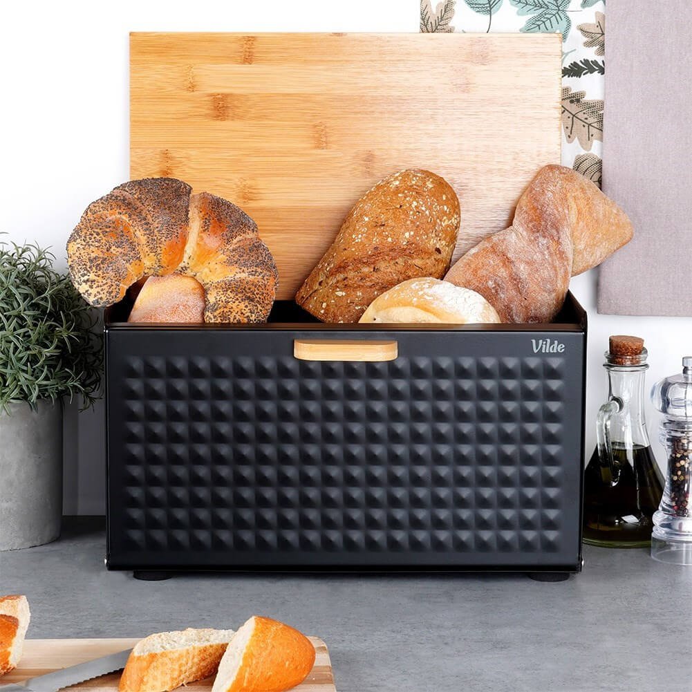 Cutie pentru Pâine Metal-Lemn Negru cu Dublu Capac 35,5x22x20,5 cm
