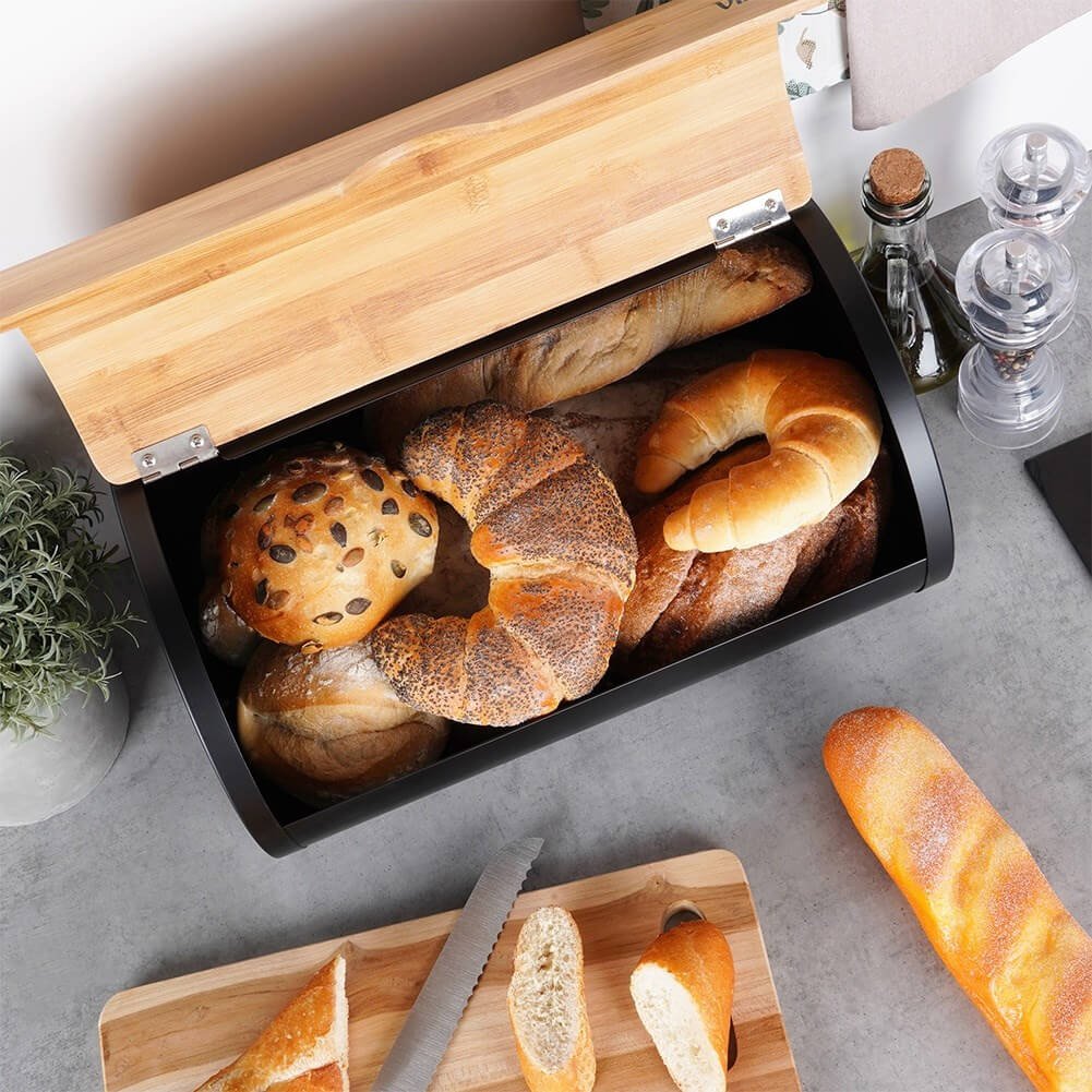 Cutie pentru Pâine Oțel-Lemn Negru 38x24x20cm