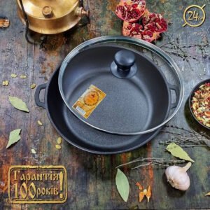 Tigaie din fontă cu capac de sticlă, 2.7 litri, 24 cm