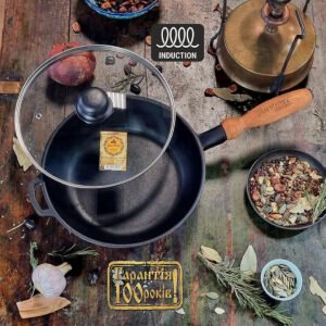 Tigaie din fontă cu mâner din lemn, capac de sticlă, 2.7 litri, 24x6 cm