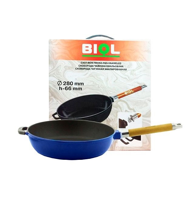 Tigaie fonta emailata cu maner lemn detasabil adanca 26cm albastru