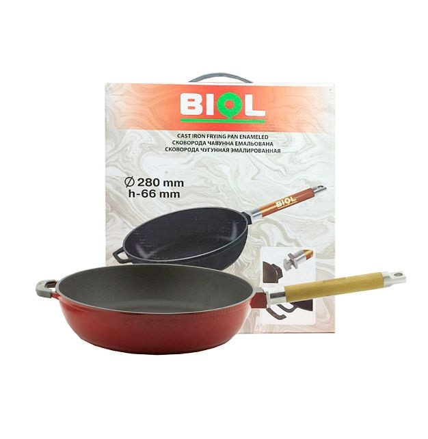 Tigaie fonta emailata cu maner lemn detasabil adanca 28cm rosu