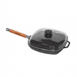 Tigaie-grill fonta cu maner lemn detasabil si capac sticla 26*26cm