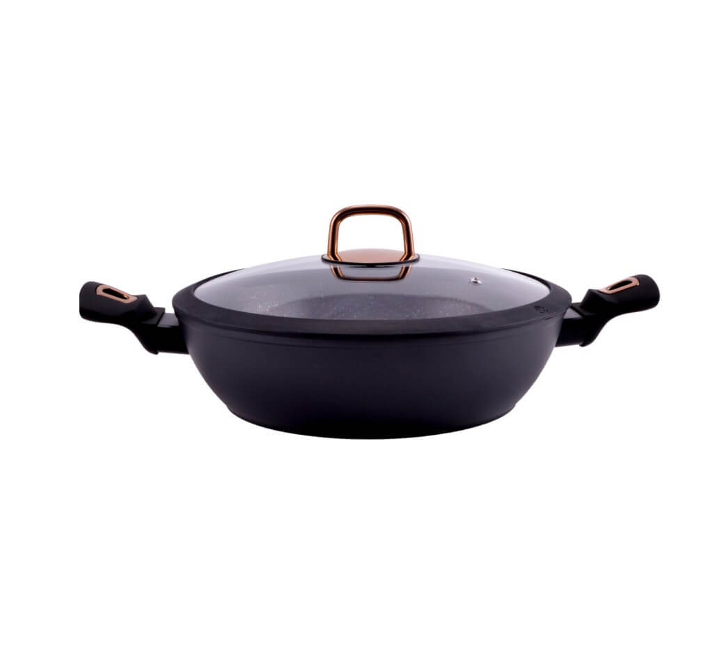 Loading Cratita joasa cu pereți groși din aluminiu antiaderent cu inducție si capac de sticlă 28cm 4,2L Golden Line