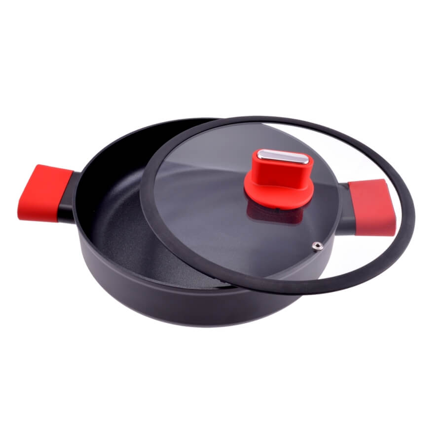 Cratiță joasă cu pereți groși din aluminiu antiaderent, cu inducție și capac din sticlă, 28 cm, Straight Line