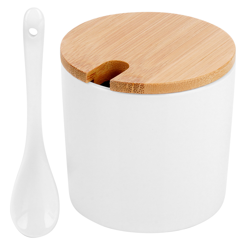 Zahăr cu lingură, din materiale ceramice și bambus, alb 250ml 8.5x8cm