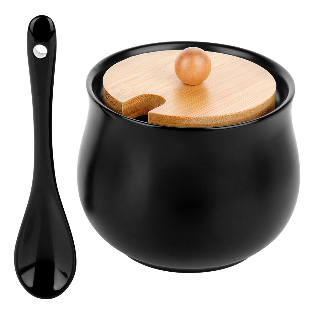 Zahăr cu lingură, din materiale ceramice și bambus, negru 250ml - 9x9cm
