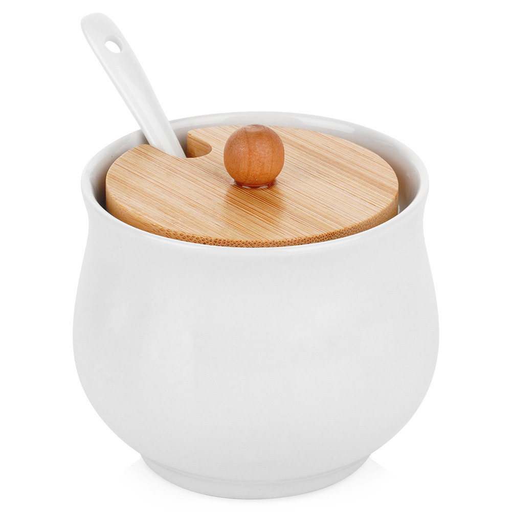 Loading Zahăr cu lingură, din materiale ceramice și bambus, alb 250ml - 9x9cm