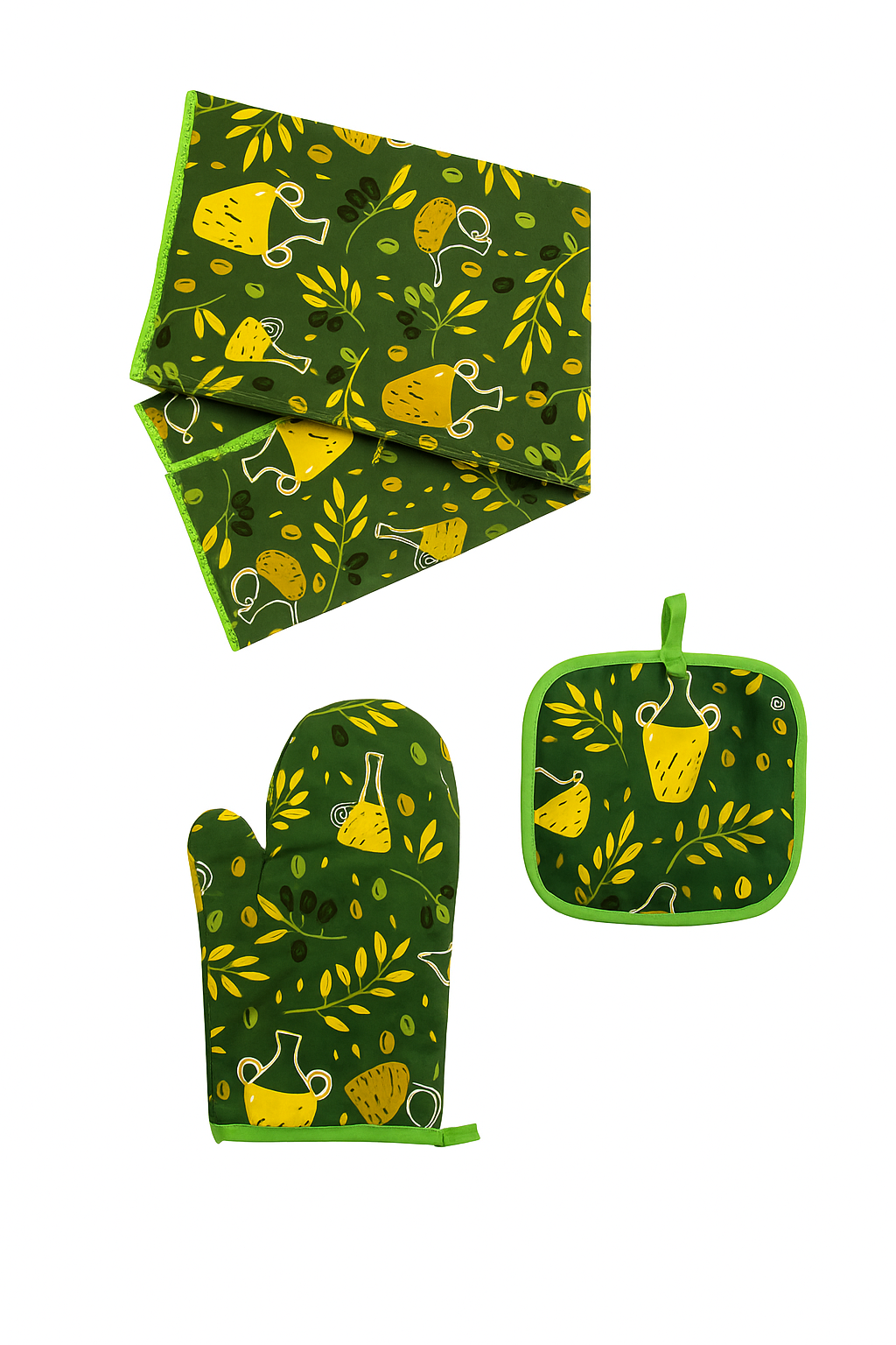 Set textil de bucătărie 3 piese (Mănușă de cuptor + suport de vase + prosop de bucătărie)