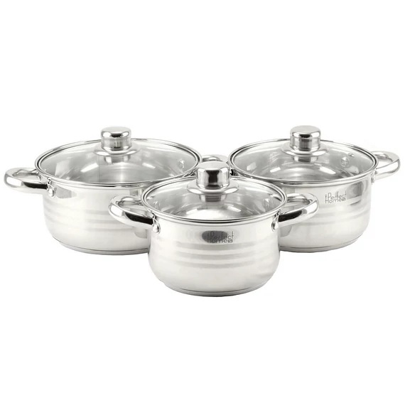 Set de vase Star din inox, 6 piese, 2 litri, 2.5 litri, 3.5 litri, cu capace din sticlă, pentru inducție