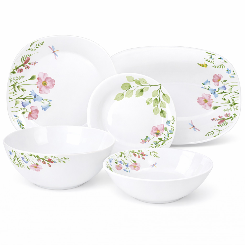 Loading Set de tacâmuri pătrate din porțelan OPAL - 20 buc, model cu flori de luncă