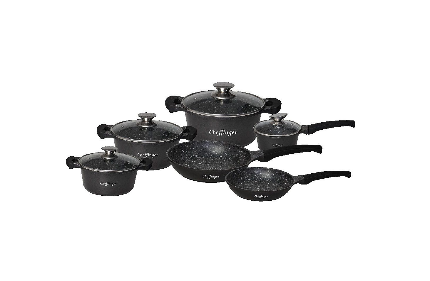 Set de vase Cheffinger, 10 piese, cu strat antiaderent, negru, CF-DA1010