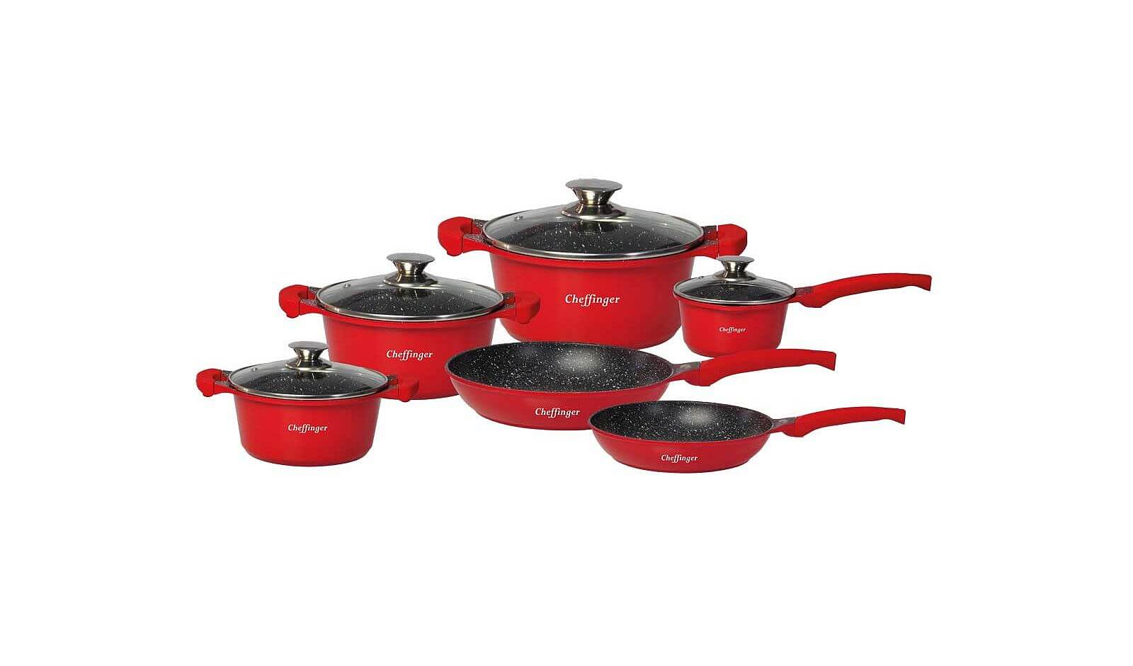 Set de vase Cheffinger, 10 piese, cu strat antiaderent, roșu