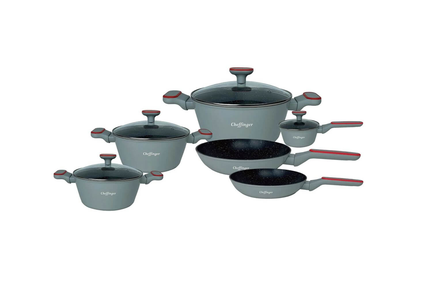 Set de vase Cheffinger, 10 piese, cu strat antiaderent, gri