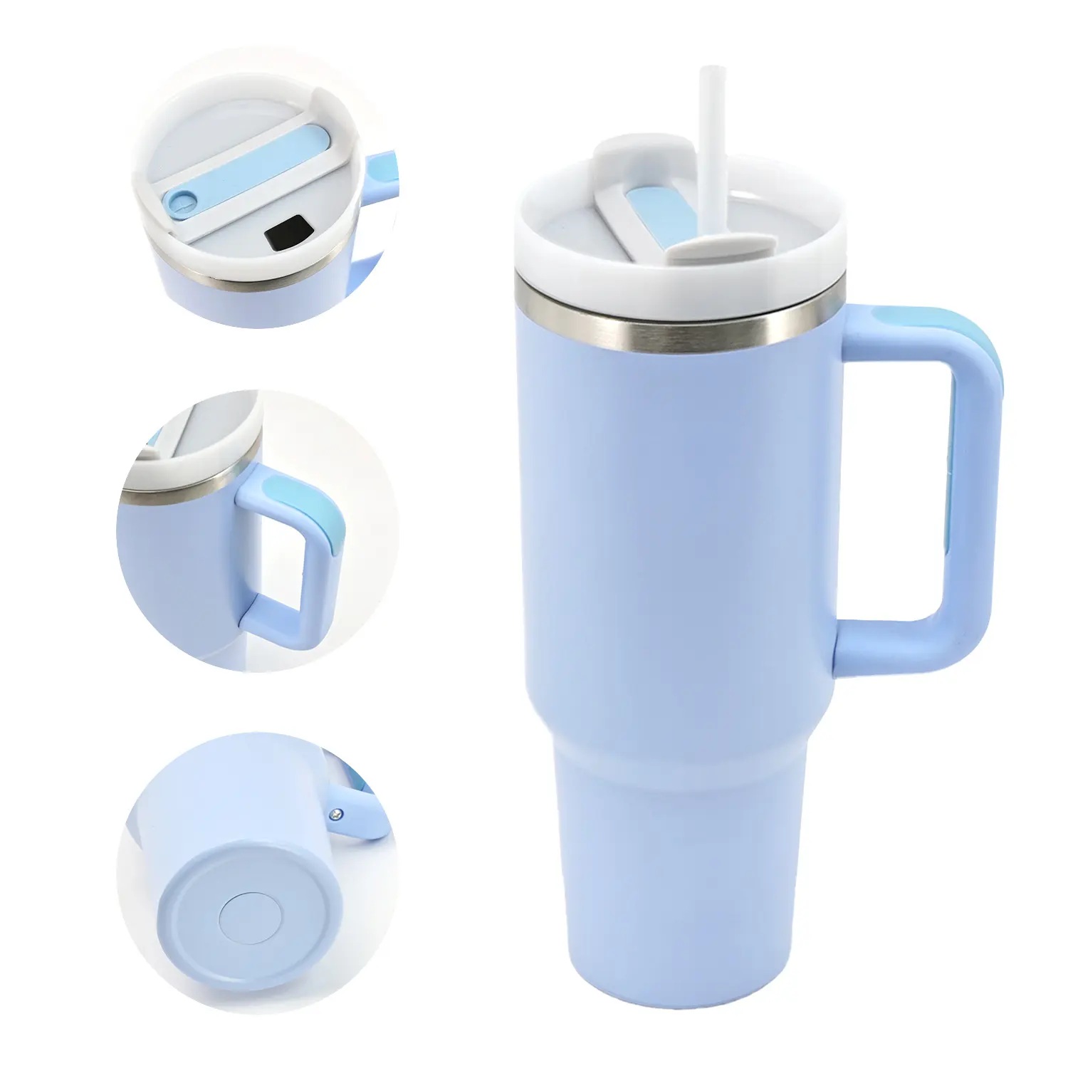Pahar termo / cană de călătorie din inox, cu pereți dubli și pai – 1183 ml, albastru deschis