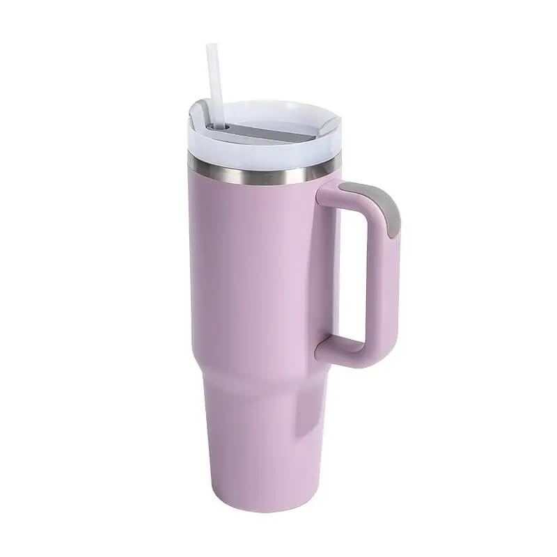 Pahar termic din inox cu pereți dubli / cană de călătorie cu pai, 1200 ml, albastru deschis și roz