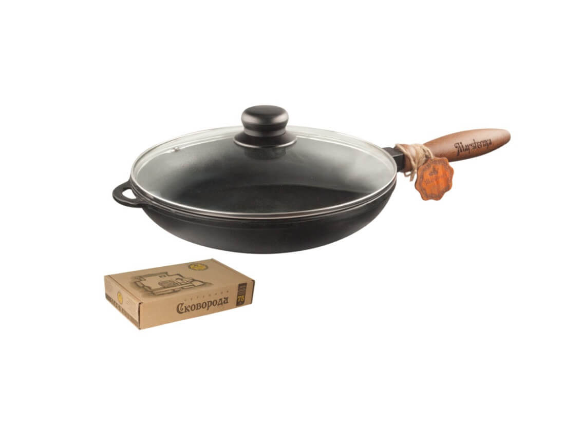 Tigaie fonta adanca cu capac sticla, maner lemn detasabil 28cm