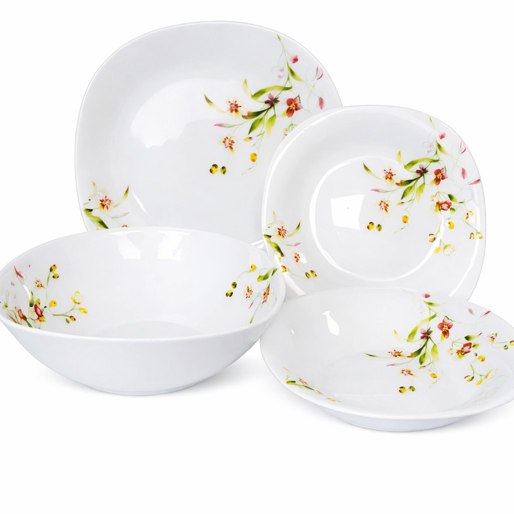 Set de masă opal nou, pătrat – 19 piese, model flori de câmp, resigilat