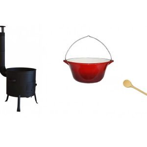 set ceaun fonta emailat 15lit. cu soba 36cm și lingura de lemn 40cm