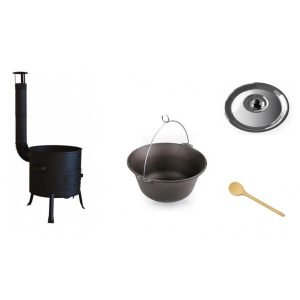 set ceaun fonta 15lit. cu soba 36cm, lingura de lemn 40cm și capac