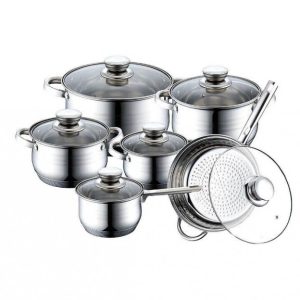 set de gatit inox cu capac sticla 12buc.