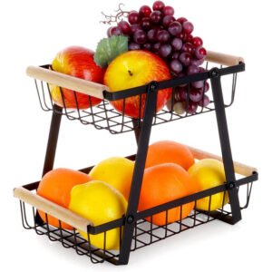 Coș pentru Fructe și Legume Metalic Negru cu 2 Niveluri