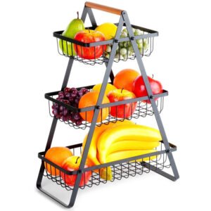 Coș Metalic pentru Fructe și Legume 3 Niveluri, Negru