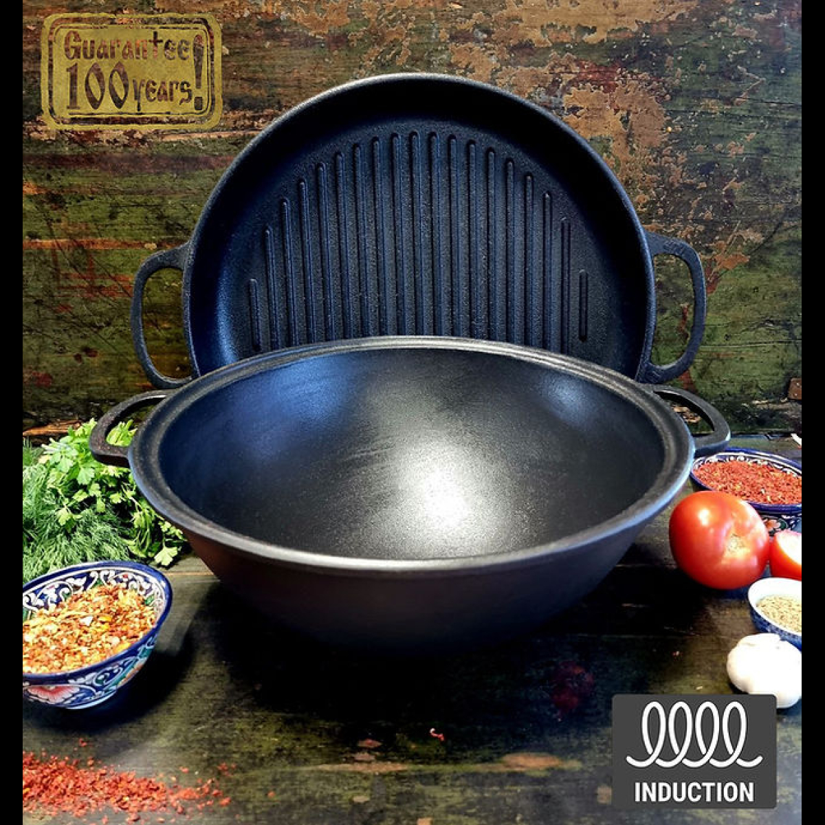 Loading Wok din fontă, ceaun din fontă cu capac de grătar din fontă, 8 litri, 34 cm